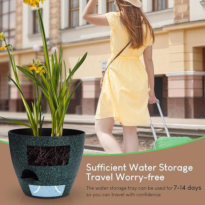Plant Pots 10/9/8/7.5/7 inch, Self Watering Planters with Drainage Holes & Saucers for Indoor and Outdoor Plants (Green Speckles)