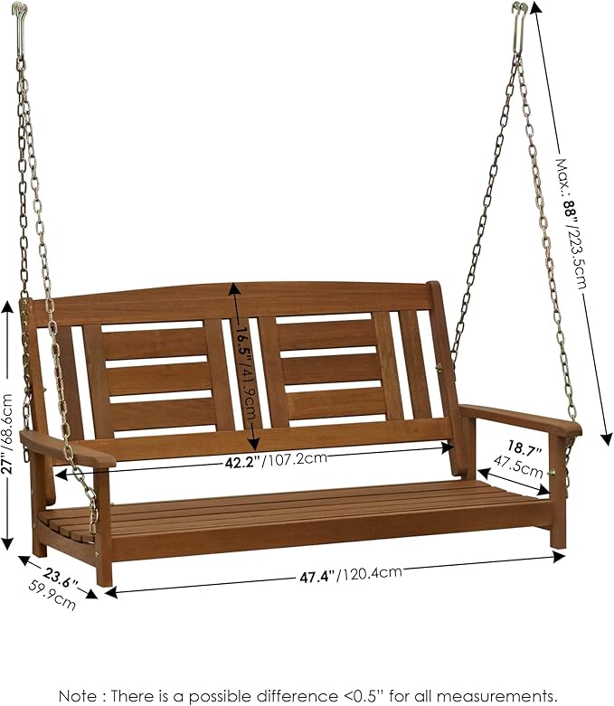 Furinno Tioman Hardwood Patio / Garden / Outdoor 4ft Porch Swing, 2 Seater with Hanging Chains, Natural