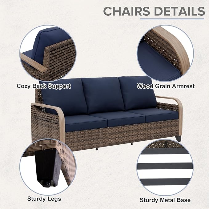 COOS BAY Modern Wicker Outdoor Furniture Set, Patio Conversation Set with Patio Chairs, 3 Seat Couch, and Side Table, 4 Piece, Brown/Blue