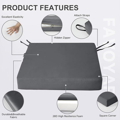 Favoyard Patio Chair Cushions 18 x 18 x 3 Inch Waterproof Outdoor Seat Cushions for Patio Furniture 3-Year Color Fastness Garden Sofa Couch Pads with Handle & Adjustable Straps Set of 2, Dark Grey