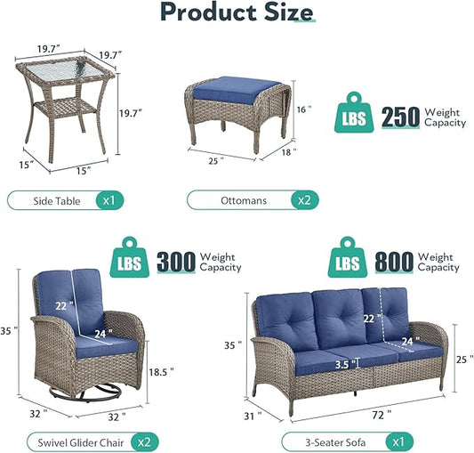 6 Piece Patio Furniture Set - Wicker Patio Conversation Set with Swivel Glider, 3-Seater Sofa, Tempered Glass Side Table and 2 Ottomans for Deck Backyard - Grey Wicker Blue Cushion