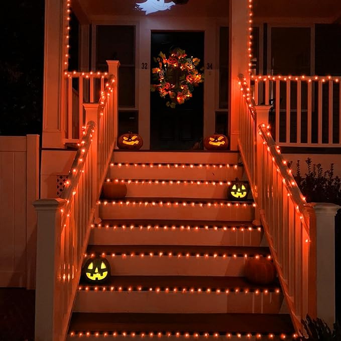 YEGUO Orange Solar Thanksgiving Lights Outdoor Waterproof, 4 Pack Each 33ft 100 LED Solar Fairy Lights, 8 Modes Solar String Lights