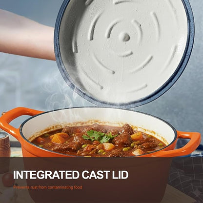 Overmont Enameled Cast Iron Dutch Oven - 5.5QT Pot with Lid Cookbook & Cotton Potholders - Heavy-Duty Cookware for Braising, Stews, Roasting, Sourdough Baking Orange