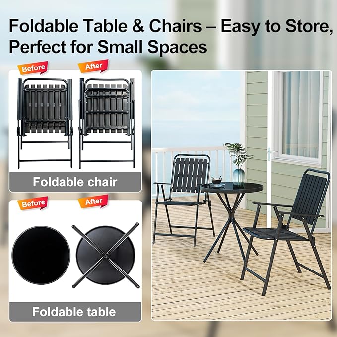 3 Piece Outdoor Bistro Set, Patio Table and Chairs Set of 2, Small Balcony Furniture with Glass Top Table, Folding Bistro Patio Set for Garden, Deck, Porch, Black Outdoor Furniture