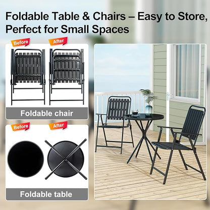3 Piece Outdoor Bistro Set, Patio Table and Chairs Set of 2, Small Balcony Furniture with Glass Top Table, Folding Bistro Patio Set for Garden, Deck, Porch, Black Outdoor Furniture