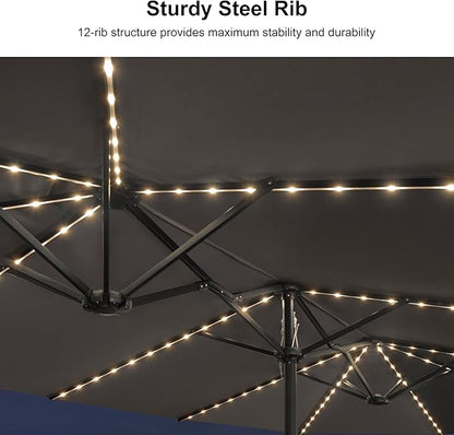 PURPLE LEAF 13ft Patio Market Umbrella with Solar LED and Base Double-Sided Rectangle Outdoor Table Sun Umbrellas with Crank for Pool Beach Deck Backyard Light Gray