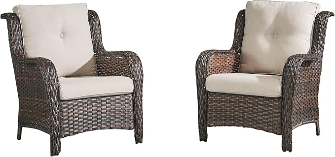 HUMMUH Patio Chairs Wicker Patio Dining Chairs Set of 2 PE Rattan Deep Seating Outdoor Chairs with 4 inch Seat Cushions(Brown/Beige)
