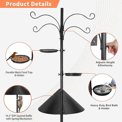 eWonLife 92 Inch Squirrel Proof Bird Feeder Pole with 9 Prongs Base, 1 Inch Dia Bird House Pole, Heavy Duty Bird Feeder Stand, Adjustable Shepherds Hooks for Outdoor with Squirrel Baffle Birdbath Tray