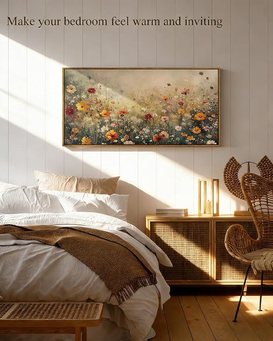 InSimSea Extra Large Framed Vintage Wall Art, Living Room Country Farmhouse Decor, Spring Flower Wildflower Landscape Canvas Prints, Retro Flowers Long Pictures for Bedroom Above of Bed, 20x40inch