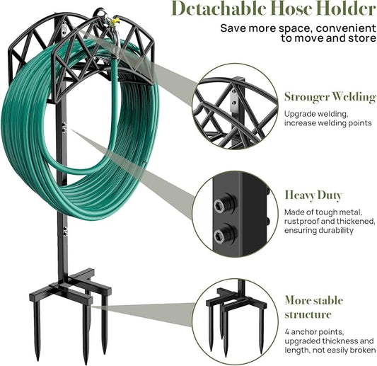 Winpull Garden Hose Holder Detachable Heavy Duty Metal Water Hose Hanger, Freestanding Hose Storage Stand Rack for Outside (Black)