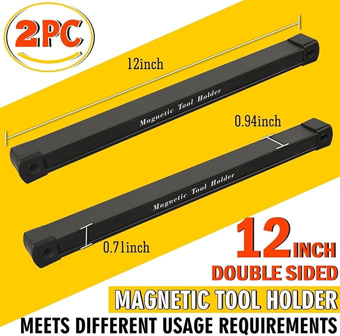 Double Sided Magnetic Tool Holder, 12 Inch Magnetic Tool Bar, Heavy Duty Wall Mount Strip with Ultra Strong Magnet for Garage, Workshop, Jobsite, Shed and Kitchen (2 Pack)