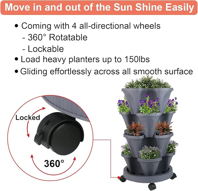 GameXcel Vertical Planter Tower- 4 Tier Stackable Garden Planter with Wheels and Tool Set – Grow Strawberries Herbs Flowers and Vegetables - Indoor Outdoor Use Dark Gray