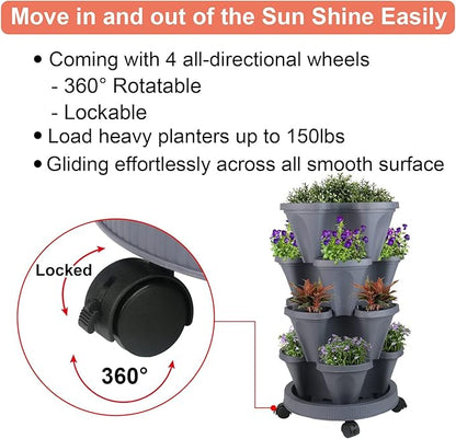 GameXcel Vertical Planter Tower- 4 Tier Stackable Garden Planter with Wheels and Tool Set – Grow Strawberries Herbs Flowers and Vegetables - Indoor Outdoor Use Dark Gray