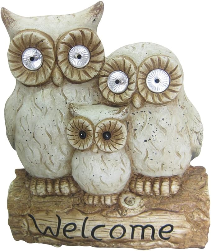 Alpine Corporation 16" Tall Outdoor Solar Powered Owl Welcome Family Statue with LED Lights