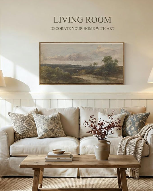 InSimSea Extra Large Framed Vintage Wall Art, Living Room Farmhouse Decor, Hill Sky Watercolor Countryside Landscape Canvas Prints, Retro Scenery Long Picture for Bedroom Above of Bed, 20x40inch