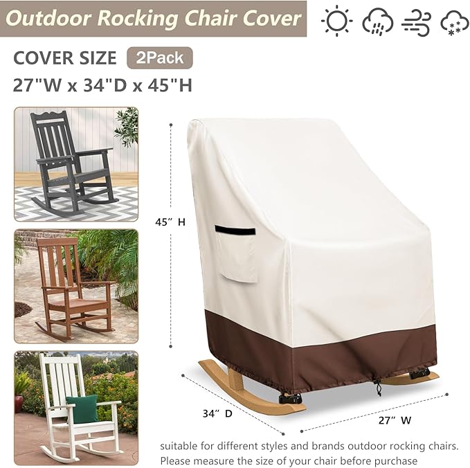 Rocking Chair Cover 2 Pack 600D Heavy Duty Waterproof - Patio Furniture Covers for Outdoor Rocking Chairs - All Weather Protection 27x34x45 Inches Beige