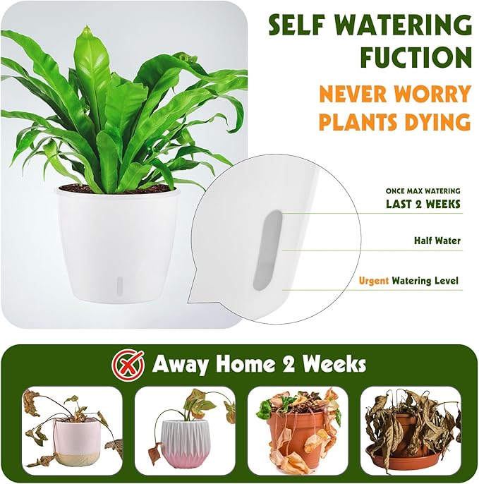 Self-Watering Pots for Indoor Plants, 18-Pack 5'' Self Watering Planter with Drainage Holes, Small African Violet Pots with Water Indicator, Clear Wick Pot for Orchids, White