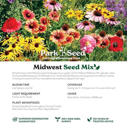 Park Seed Grow Your Own Vibrant Annual and Perennial Wildflower Garden Seeds Mixture, Easy to Grow Varieties for Pollinators and Spring Gardens - Midwest Regional Mix, 1/4 lb
