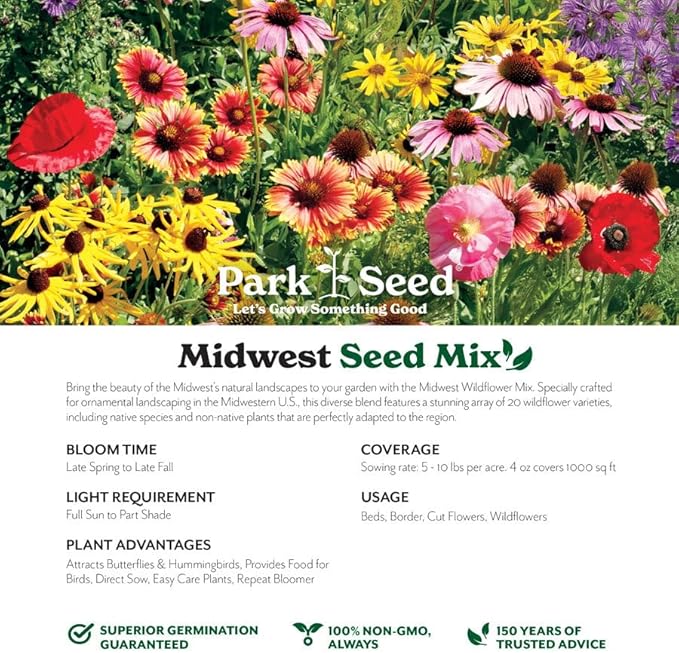 Park Seed Grow Your Own Vibrant Annual and Perennial Wildflower Garden Seeds Mixture, Easy to Grow Varieties for Pollinators and Spring Gardens - Midwest Regional Mix, 5 lbs
