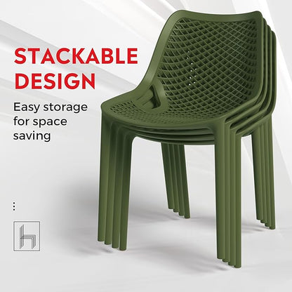 Costaelm Dining Table for 4 with Chair, HDPE Patio Round Dining Table and Stackable Chair, Outdoor Patio Furniture All Weather for Backyard Porch Poolside, Olive Green