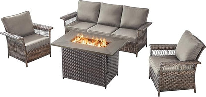 Patio Furniture Set with Fire Pit Table, 4PCS Conversation Set Brown Resin Wicker Chair and Sofa with 41in Rectangular Firepit Table PE Rattan Furniture Set