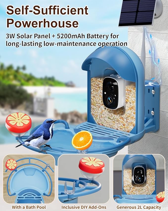 Bird Feeder with Camera, Smart Birdfeeder with Cam Solar Powered, 2K HD Video, AI Identification, Instant Arrival Alerts, IP66 Bird Bath & Feeder,Gift for BirdLover (with BirdBath, Blue)