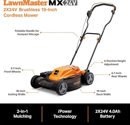 LawnMaster CLMF4819X 19-inch Brushless Cordless Lawn Mower with 2X24V MAX 4.0Ah Battery and a Dual Charger 6 Cutting Position