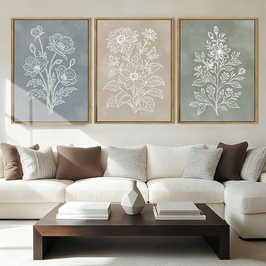 Anyzal Boho Floral Framed Wall Art 12x16 Inch Farmhouse botanical Canvas Wall Decor Modern Minimalist Plant Artwork for Living Room Bedroom Dining Room Set of 3