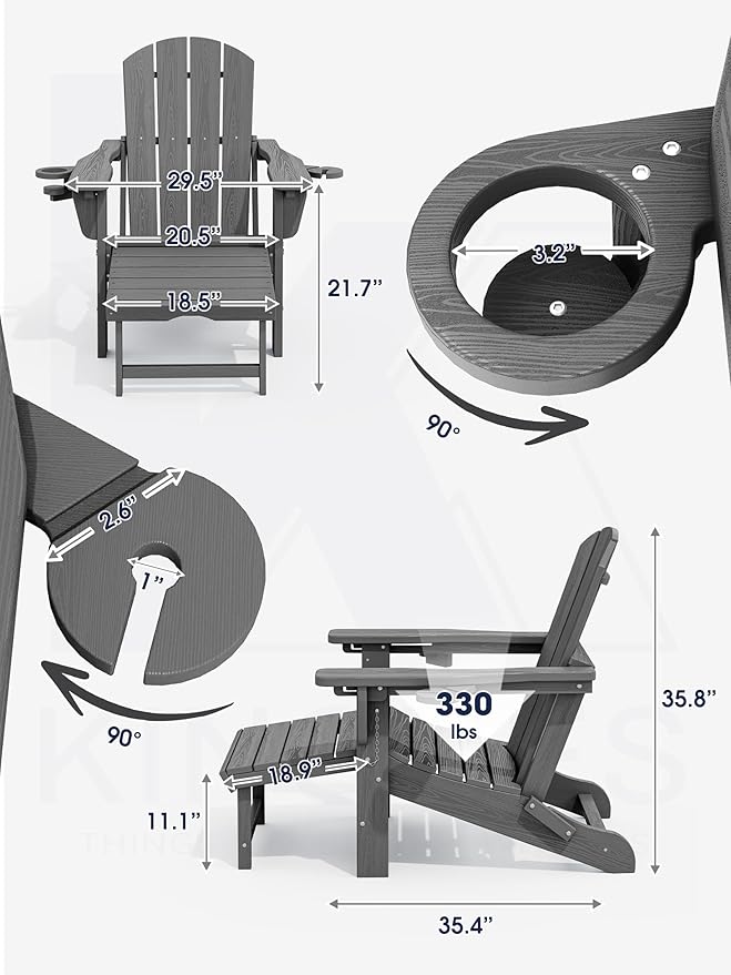 KINGYES Folding Adjustable Adirondack Chair with Retractable Ottoman Set of 2, HDPE All Weather Chair with Cup Holder, Wood-Like Reclining Adirondack Outdoor Chair - Versatile Adirondack Chair, Grey