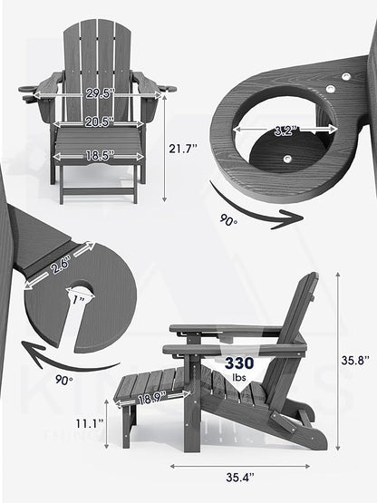 KINGYES Folding Adjustable Adirondack Chair with Retractable Ottoman Set of 2, HDPE All Weather Chair with Cup Holder, Wood-Like Reclining Adirondack Outdoor Chair - Versatile Adirondack Chair, Grey