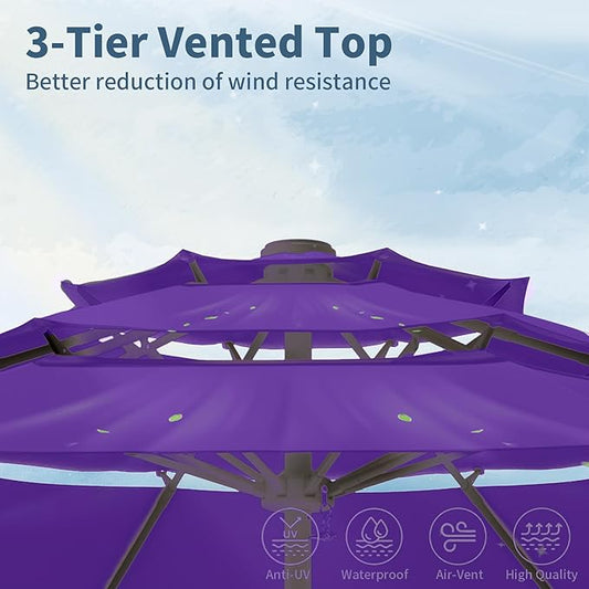 9FT 3 Tiers Patio Umbrella With Auto Tilt And Crank, Outdoor Table Market Umbrella with 8 Sturdy Ribs for Garden, Lawn, Deck, Backyard and Pool