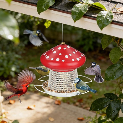 Bird Feeder, Heavy Duty Metal Bird Feeders for Outdoor Hanging, Cute Mushroom Shape Wild Birdfeeder for Outside Garden Yard (Red)