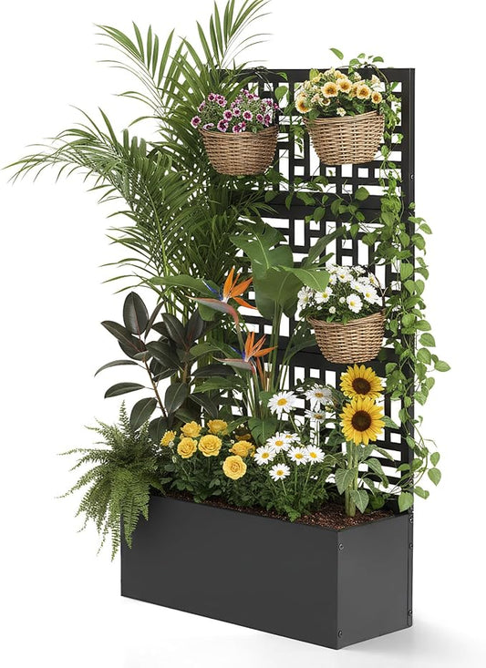 Outvita Metal Planter Box with Trellis, 44’’ x 24’’ x 9’’ Raised Garden Bed with Drainage Holes for Climbing Plants, Vegetables, Vines, Privacy Planters for Patio (Black)