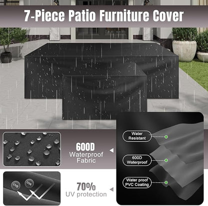 Aoxun 7 Pieces Patio Furniture Set with 44” Fire Pit Table Wicker Rattan Outdoor Sectional Conversation Set with Coffee Table and 4” Thickened Cushions, Gray(Waterproof Cover Included)