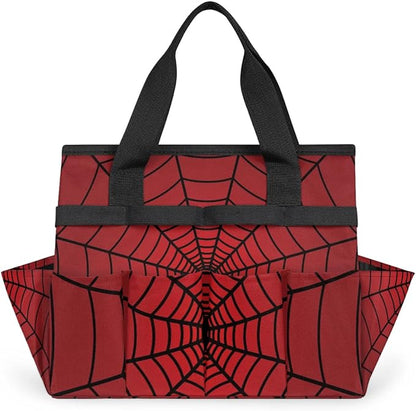 Gardening Tool Bag,Heavy Duty Garden Tote Bag,Portable Oxford Gardening Storage Basket Organizer Handbag with Pockets Handle,Hand Tools Gifts for Outdoor Garden Lawn Spiders Web Red