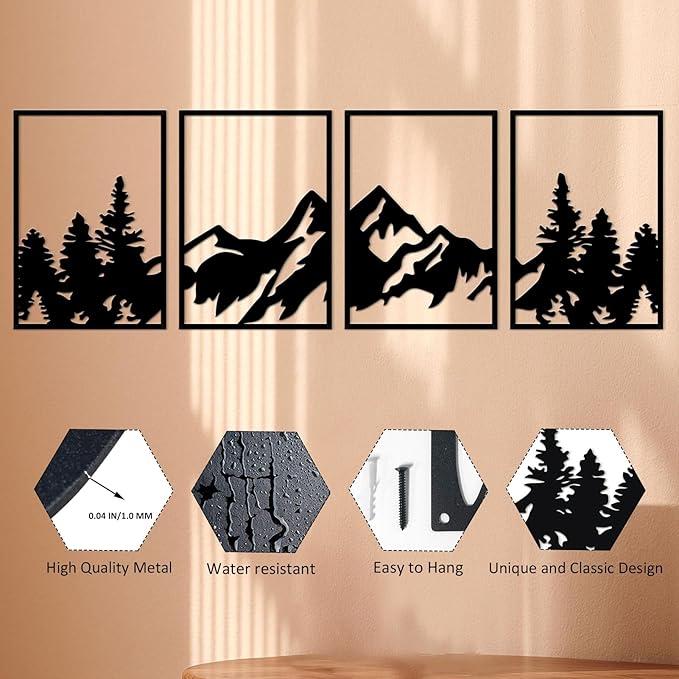 ESTART 4 Pcs Metal Wall Art, Large Mountains Wall Decor, Art Wall Décor Suitable For Living Room Dining Room Bedroom Office Indoor And Outdoor (Mountain Forest)