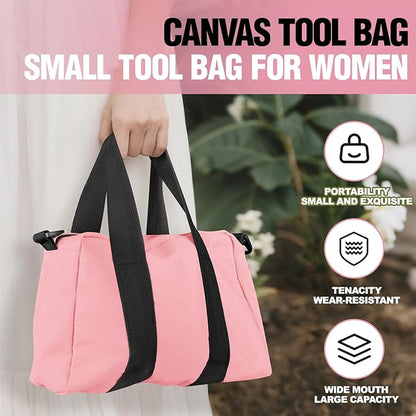 Small Tool Bag, Canvas Tool Storage Bag, Large Capacity Multipurpose Zipper Soft Tote Organizer Pouch for Electrician, Plumbing, Gardening,Tools Bags for Men (Pink, 12 Inch)