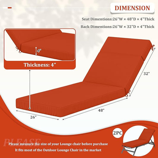 2 Pcs Chaise Lounge Cushions Outdoor, 80" L X 26" W X 4" D Lounge Chair Cushions for Outdoor Furniture, High-Density Foam Patio Chaise Cushion-Waterproof Fade-Resistant ThickPatio lounge chair cushion