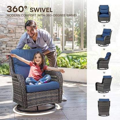 Patio Conversation Set with Smile-Shaped Cushions, Luxury Outdoor Swivel Chairs with Side Table and Ottomans, 5PCS PE Rattan Swivel Glider Chairs Set, Grey Wicker|Blue Cushions