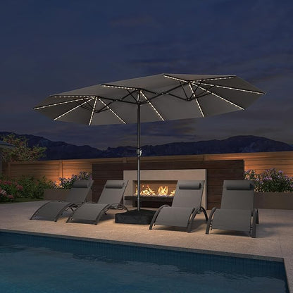 PURPLE LEAF 14ft Patio Market Umbrella with Solar LED and Base Double-Sided Rectangle Outdoor Table Sun Umbrellas with Crank for Pool Beach Deck Backyard Light Gray