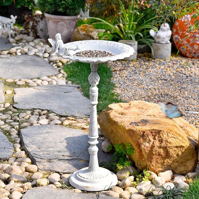 Sungmor Cast Iron Ornate Bird Bath for Garden, 21" Tall Vintage White Birdbath with Angel Statue Decor, Outdoor Standing Water Bowl, Decorative Pedestal Bird Feeder for Patio Deck Backyard