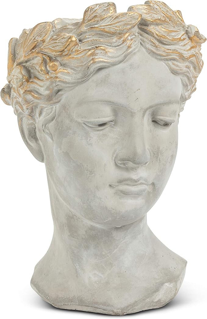 Abbott Collection Aphrodite Head Planter – Large Indoor and Outdoor Planter Pots - Whimsical Woman Statue Head Planter for Flowers and Succulents (Grey/Gold, 10" Tall, 4.5" Opening)