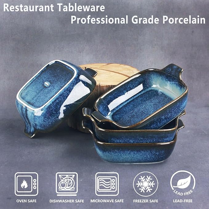 Ceramics Au Gratin baking Dishes Set of 4, Baking Tray Bake ware, 10.5 oz Ramekins, for Pie Pan, Appetizer, Tart, Dessert, Quiche, Oven Small dish, individual dishes, Square 7.3 Inch