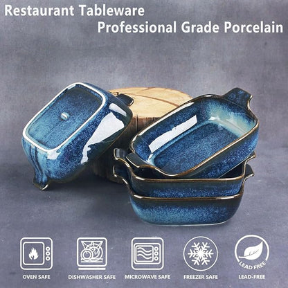 Ceramics Au Gratin baking Dishes Set of 4, Baking Tray Bake ware, 10.5 oz Ramekins, for Pie Pan, Appetizer, Tart, Dessert, Quiche, Oven Small dish, individual dishes, Square 7.3 Inch