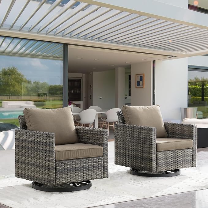 Outdoor Patio Swivel Rocker Chairs - Wicker Patio Swivel Rocking Chairs Set of 2 with Waterproof Wicker,Comfortable Cushions and Sturdy Metal Frame for Outside Porch Deck Backyard(Mixed Grey/Grey)
