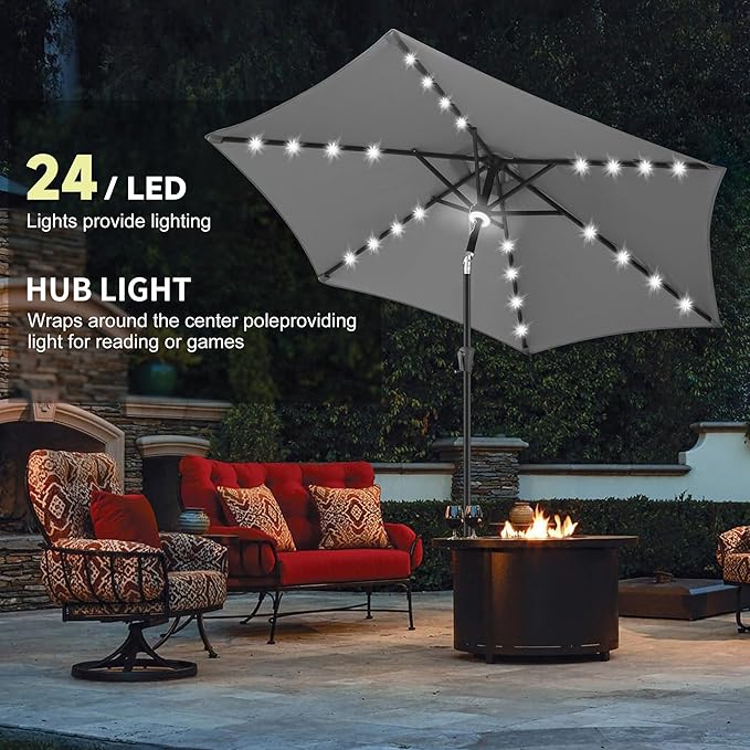 10ft Solar Patio Umbrella - Outdoor Umbrella with Centre Surround Light 24 LED Beads, Market Table Umbrella with Tilt & Crank for Pool, Porch, Garden, Deck, Backyard UV Protection(Anthracite)