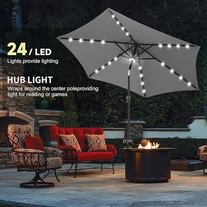 10ft Solar Patio Umbrella - Outdoor Umbrella with Centre Surround Light 24 LED Beads, Market Table Umbrella with Tilt & Crank for Pool, Porch, Garden, Deck, Backyard UV Protection(Anthracite)