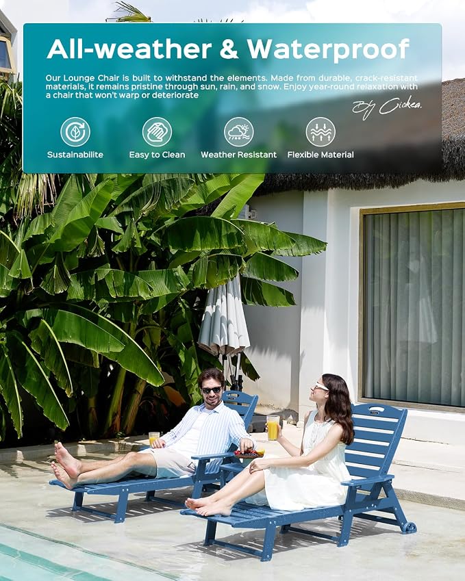 Ciokea Lounge Chair Outdoor Set of 4, Oversized Chaise Lounge Chair with 5 Positions, HDPE, Patio Lounge Chairs with Wheels & Cup Holder for Lawn, Pool, Deck, Poolside, Navy Blue