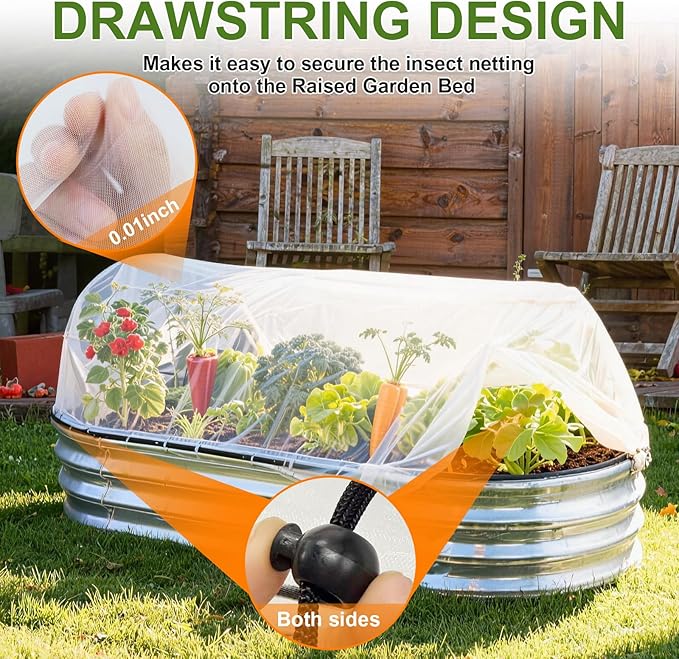 2 Pack Garden Netting for 6×3 FT Raised Beds, Large Fine Mesh Insect Netting with Drawstring, Garden Bed Cover for Vegetables, Fruit & Flower Protection