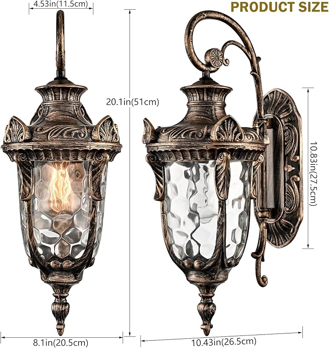 SAMTEEN Outdoor Wall Light Fixtures Bronze 20.1" Exterior Wall Lantern Sconce with Hammered Glass Shade Waterproof Porch Lights Wall Mount Outside Lights for Patio Front Door Garage House